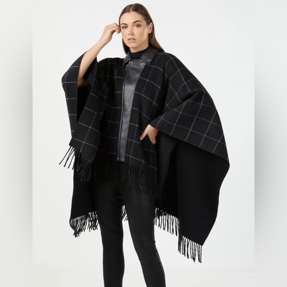 Brand NWT! BCBGMAXAZRIA Faux Leather Trim Fringed Cape/Poncho size XS/S - Picture 13 of 16